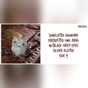 Adorable simulated diamonds & onyx Owl ring, Sz.9